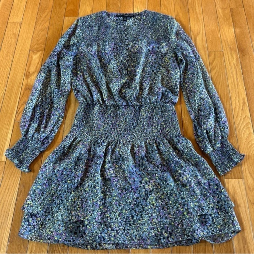 White House Black Market Blouson Dress S Pointilism Black Smocked L/S Metallic